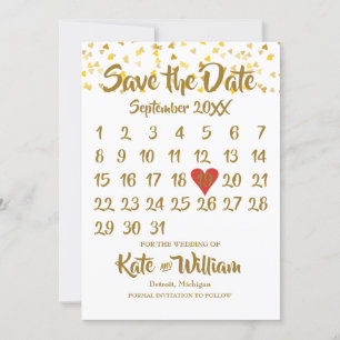 Kalender Spara datum Guld Kärlek Hjärtan Konfetti Datumet
