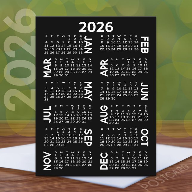 Kalender - svartvitt namn vykort (2026 Calendar Postcard)