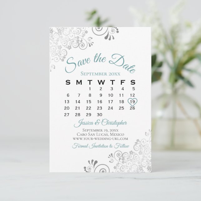 Kalender Teal Grått & White Simple Elegant bröllop Spara Datumet (Stående Fram)