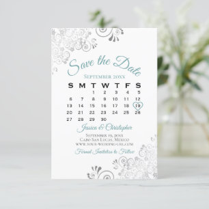 Kalender Teal Grått & White Simple Elegant bröllop Spara Datumet