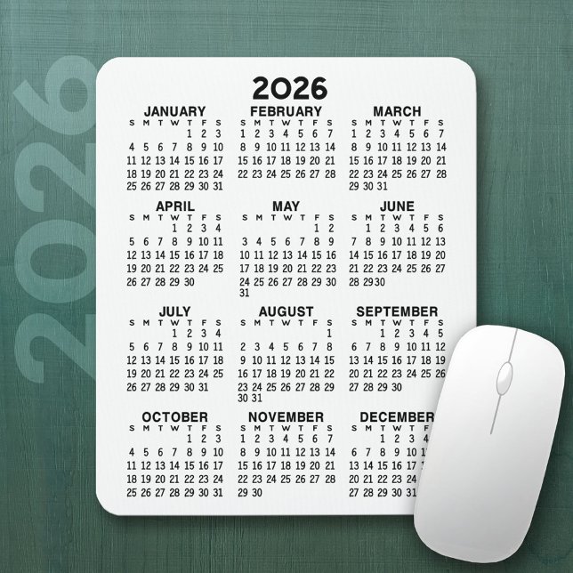 Kalender - vit bakgrund - Lodrät Musmatta (2026 Calendar Mousepad)