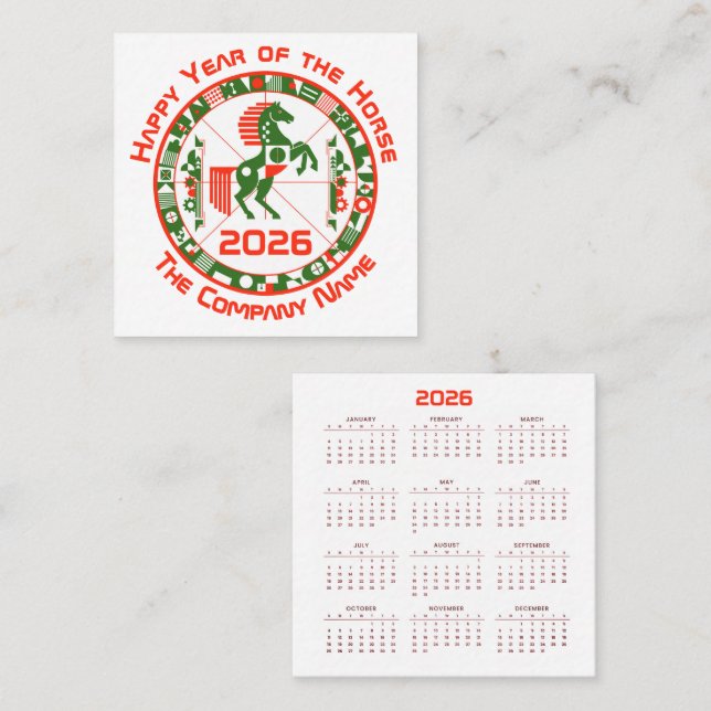 Kalenderåret för hästen 2026 fyrkantigt visitkort (Fram/baksida)
