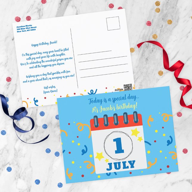 Kalenderbladet 1 juli Födelsedagsfirande Vykort (Skapare uppladdad)