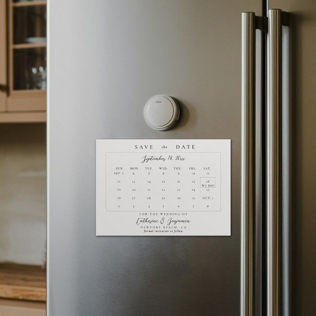 Kalendercalligrafi Elegant bröllop Spara datum Magnetisk Inbjudningskort (wedding calendar save the date magnet modern minimalist calligraphy black white template)