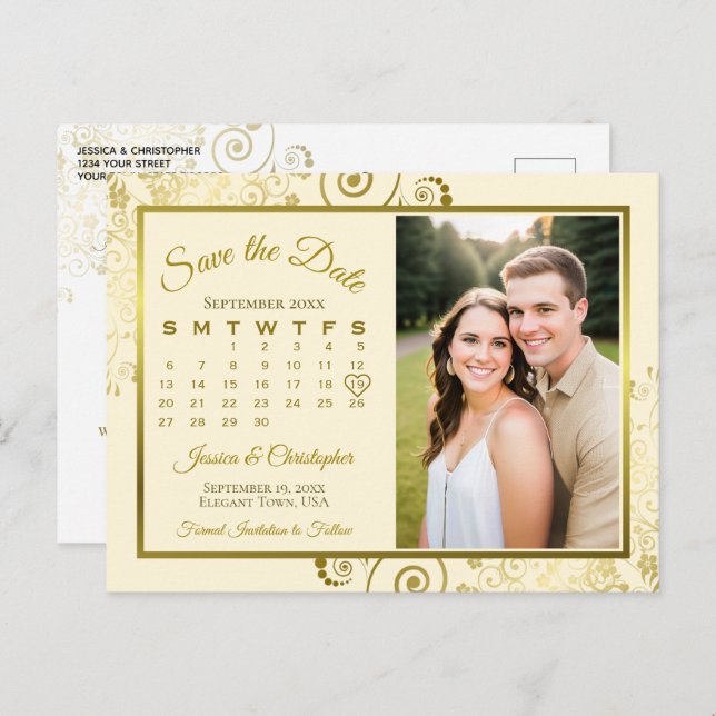 Kalenderfoto för Guld & Cream Bröllop spara datum Meddelande Vykort (Fram/baksida)