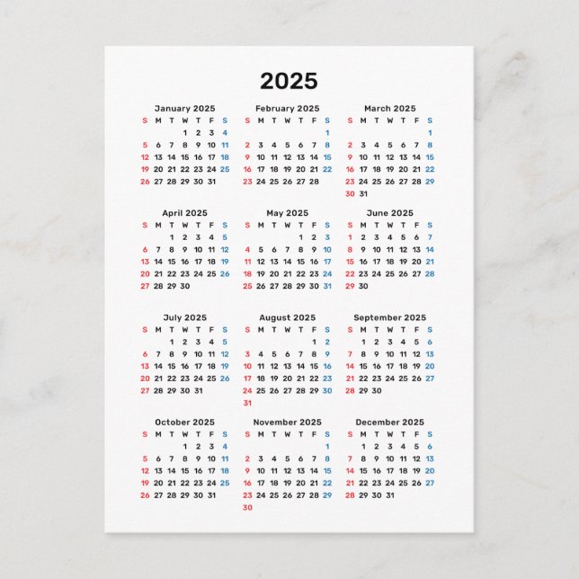 Kalenderkort 2025: Söndag Start, Black & White Vykort (Framsida)