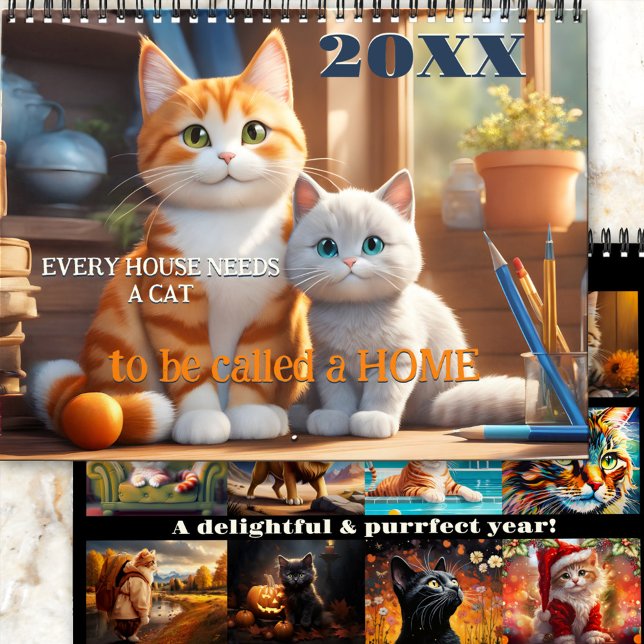 Kalendern för vismisk illustrerad katt kalender (A funny surreal fantasy calendar with whimsical illustrations of cats in different styles)