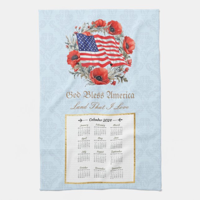 Kalendern Towel Välsigna dig America 2024-Flagga Kökshandduk (Vertikal)