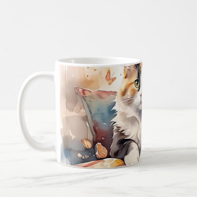 Kalicokatt och fjärilar med vit vattenfärg kaffemugg (Vänster)