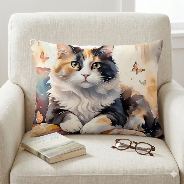 Kalicokatt och fjärilar med vit vattenfärg prydnadskudde (Whimsical Watercolor Calico Cat and Butterflies Accent Pillow On Chair)
