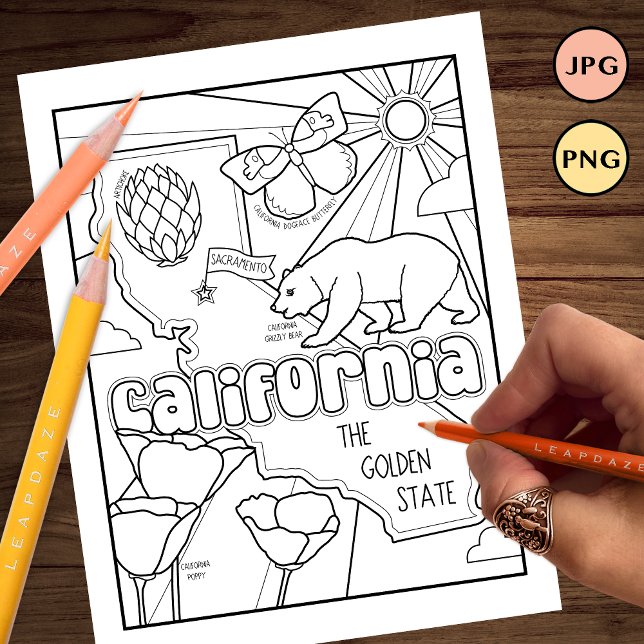 Kalifornia-statusform och faktafärgsida reklamblad (california coloring page)
