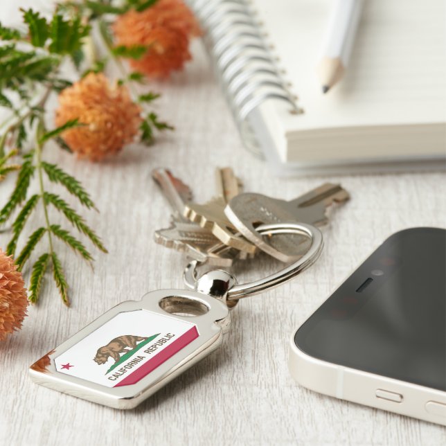 Kalifornien Bear Flagga: Cali Golden State Rektangulärt Silverfärgad Nyckelring (Sidan)