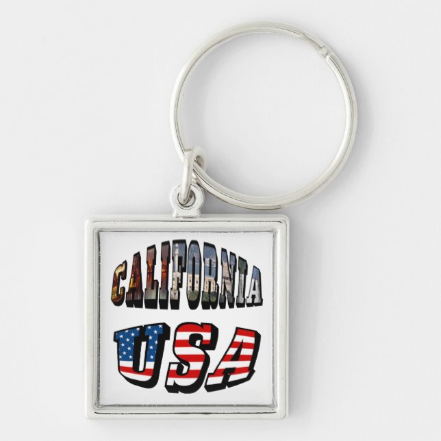 Kalifornien Bild och USA flagga Fyrkantig Silverfärgad Nyckelring (Framsidan)