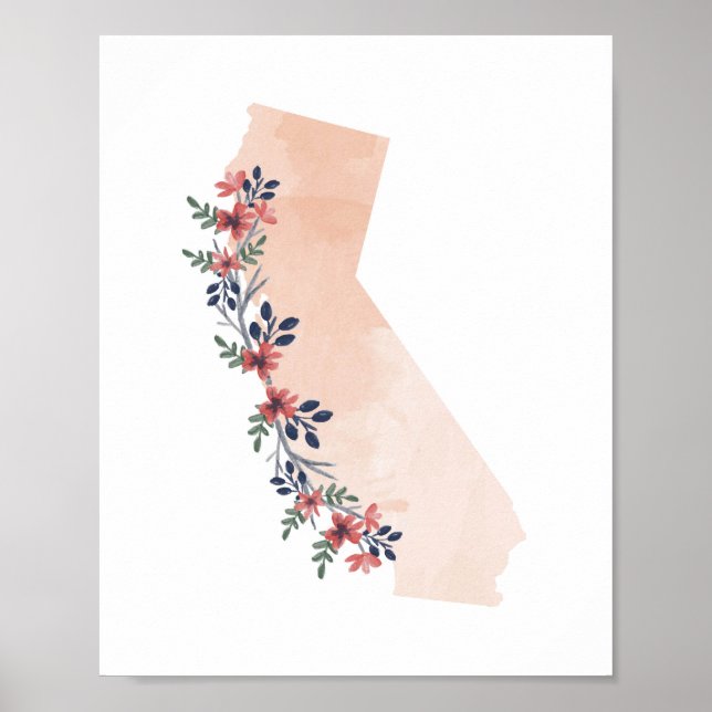 Kalifornien Blommigt Watercolor State Poster (Framsidan)