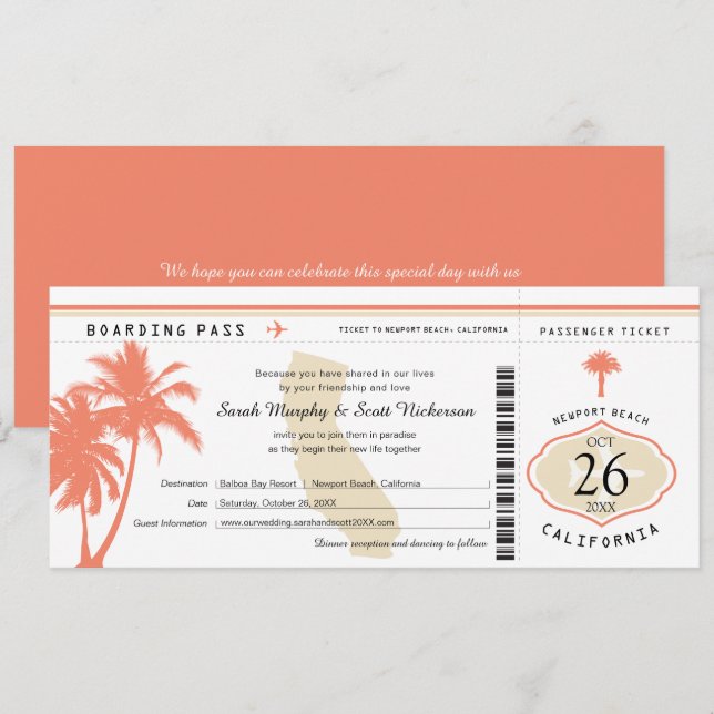 Kalifornien Coral Handflatan Träd Boarding Pass Br Inbjudningar (Fram/baksida)