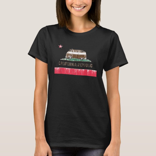 Kalifornien Flagga Surfa Buss Shirt T (Framsida)