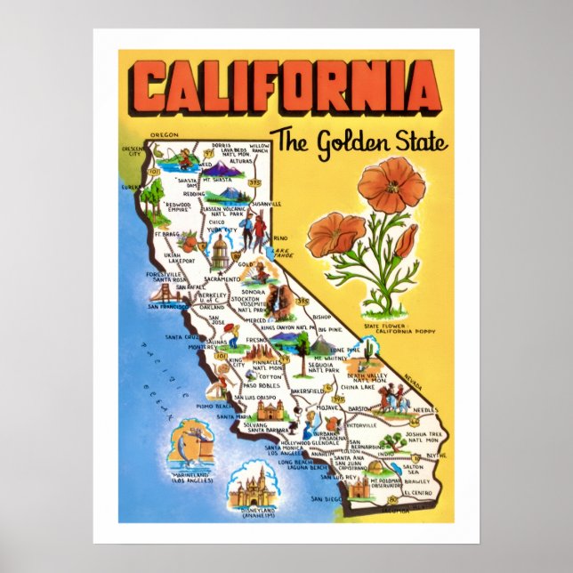 Kalifornien Golden State Karta 18x24 Tryck (Framsidan)