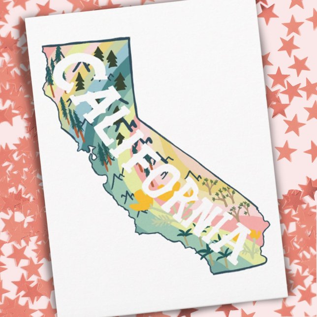 Kalifornien Illustrerad Karta Vykort (Cute California illustrated map postcard, check my shop for more colors!)