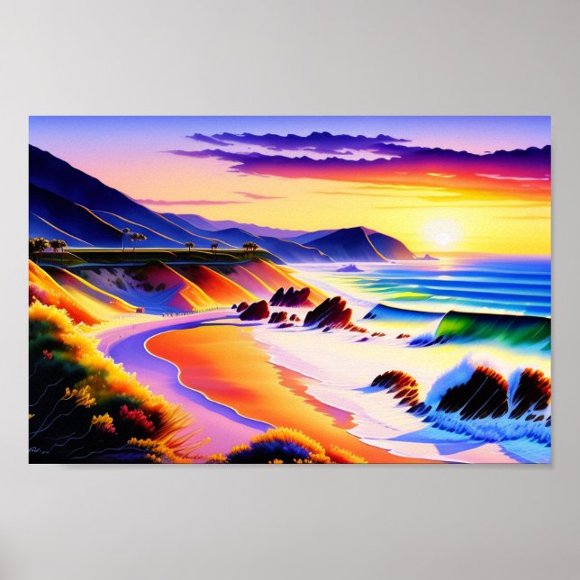 Kalifornien Kusten Sunset Watercolor Poster (Framsidan)