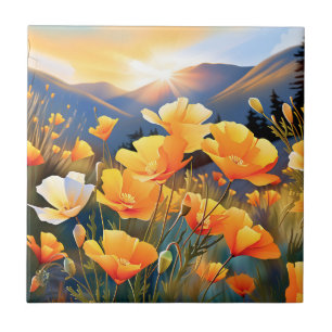 Kalifornien poppies i en ljus- och serenmördare kakelplatta