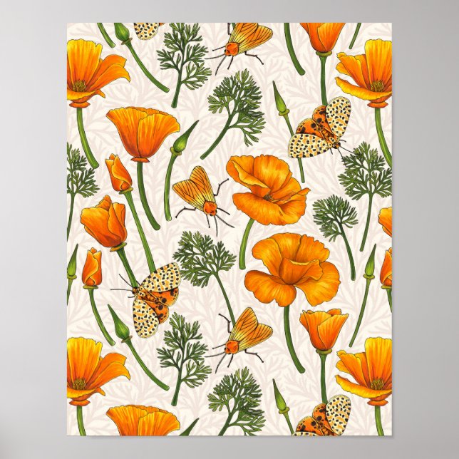 Kalifornien-poppies och muddar på benvit 2 poster (Framsidan)