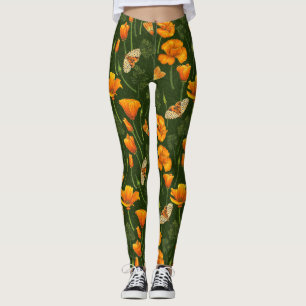Kalifornien-poppies och muddar på mörk grönt leggings