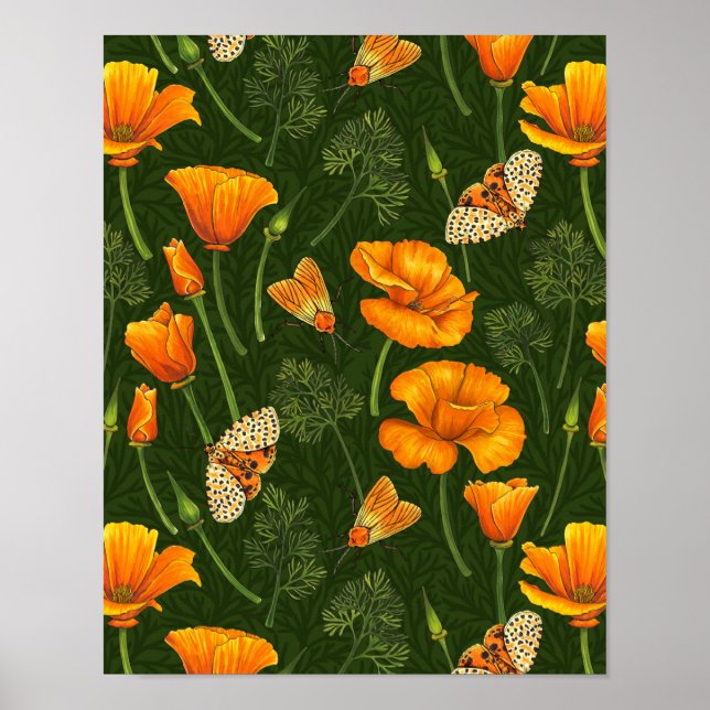 Kalifornien-poppies och muddar på mörk grönt poster (Framsidan)