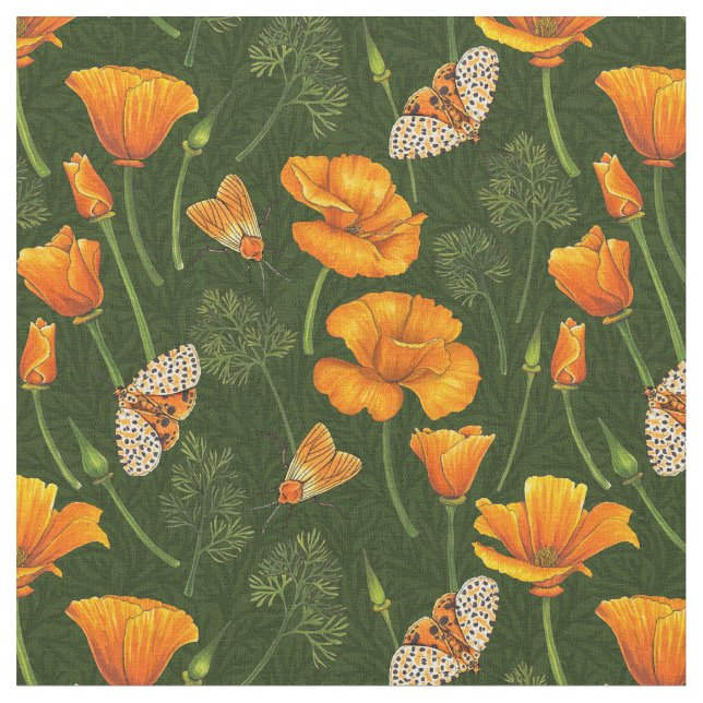 Kalifornien-poppies och muddar på mörk grönt tyg (Närbild)