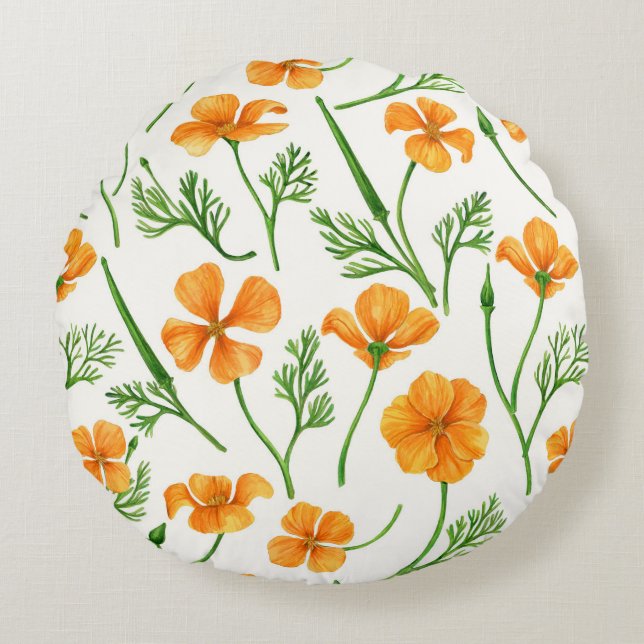 Kalifornien poppies, sommartidblommor, orange wirt rund kudde (Framsidan)