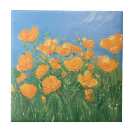 Kalifornien Poppy Fält Himlar Impressionist Painti Kakelplatta