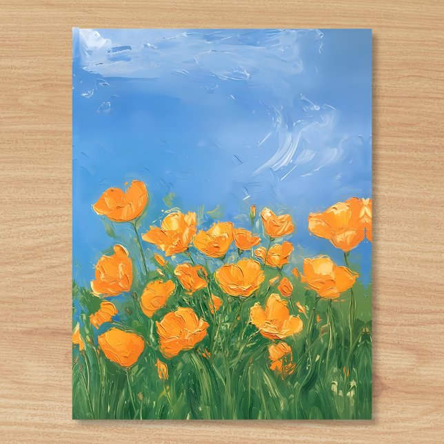 Kalifornien Poppy Fält Himlar Impressionist Painti Vykort (Beautiful bright and happy oil painting style postcard of orange poppies in a field in California. )