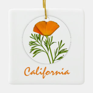 Kalifornien Poppy i en cirkel, "Kalifornien" Text Julgransprydnad Keramik
