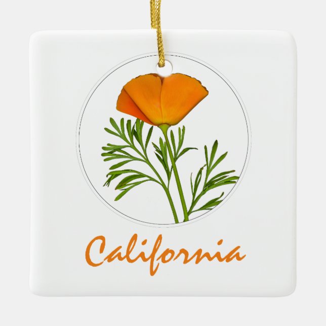 Kalifornien Poppy in a Circle, "California" Text Julgransprydnad Keramik (Framsida)