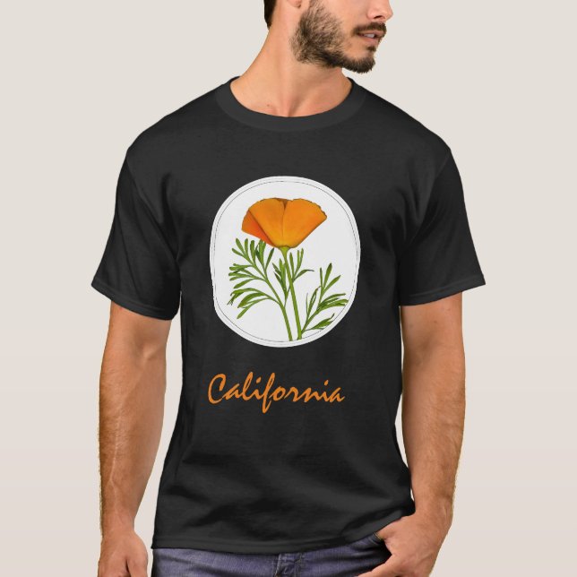 Kalifornien Poppy in a Circle, "California" Text T Shirt (Framsida)