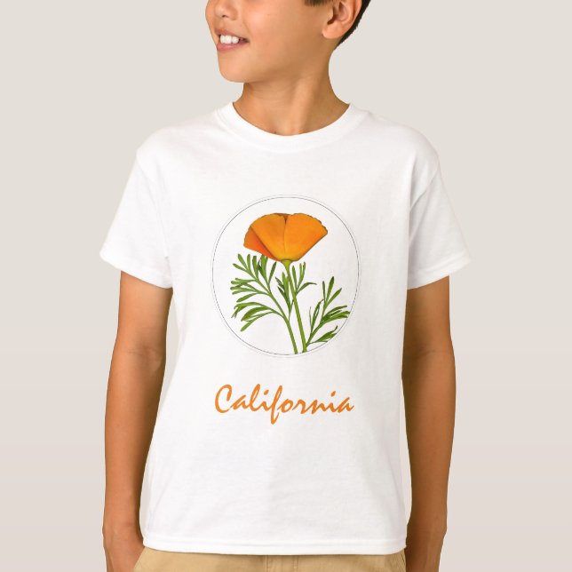 Kalifornien Poppy in a Circle, "California" Text T Shirt (Framsida)