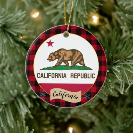 Kalifornien, Red buffalo plaid & California Flagga Julgransprydnad Keramik