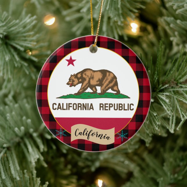 Kalifornien, Red buffalo plaid & California Flagga Julgransprydnad Keramik (Träd)