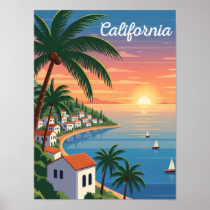 Kalifornien Solnedgång Vintage Resa Kust Strand Poster