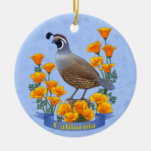 Kalifornien State Bird Quail & Golden Poppy Julgransprydnad Keramik