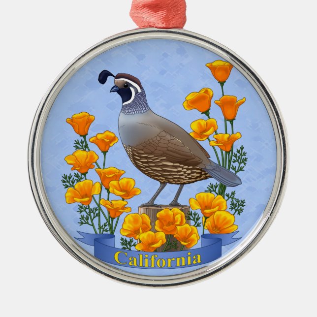 Kalifornien State Bird Quail & Golden Poppy Julgransprydnad Metall (Framsidan)