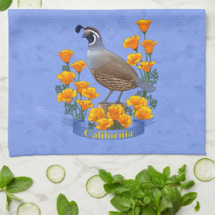 Kalifornien State Bird Quail & Golden Poppy Kökshandduk