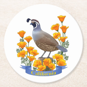 Kalifornien State Quail Bird & Poppy Flower Underlägg Papper Rund