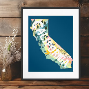 Kalifornien-staten Illustrated Karta Poster