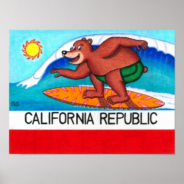 Kalifornien Surfing Bear Flagga Poster (Framsidan)