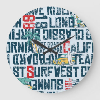 Kalifornien Surfing Team: Grunge Seamless Mönster. Stor Klocka