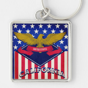 Kalifornien USA flagga Fyrkantig Silverfärgad Nyckelring