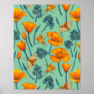 Kaliforniens poppies och mossar på jade poster