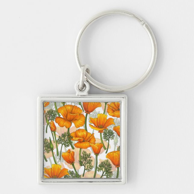 Kaliforniska poppies fyrkantig silverfärgad nyckelring (Framsidan)