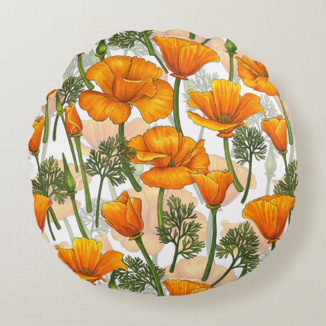 Kaliforniska poppies rund kudde (Framsidan)