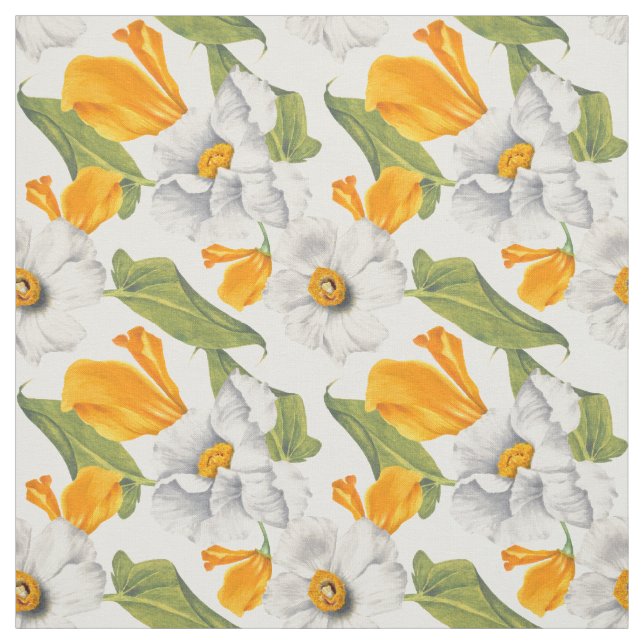 Kaliforniska poppies vita daffodils mönster tyg (Provkarta)